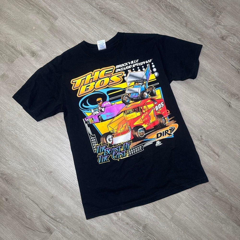 Black vintage NASCAR racing tee with graphic of a red race car